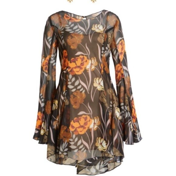 Katie May Size Small Bell Sleeve Black 70s Floral Dress Sheer Mini Dress - Picture 2 of 13